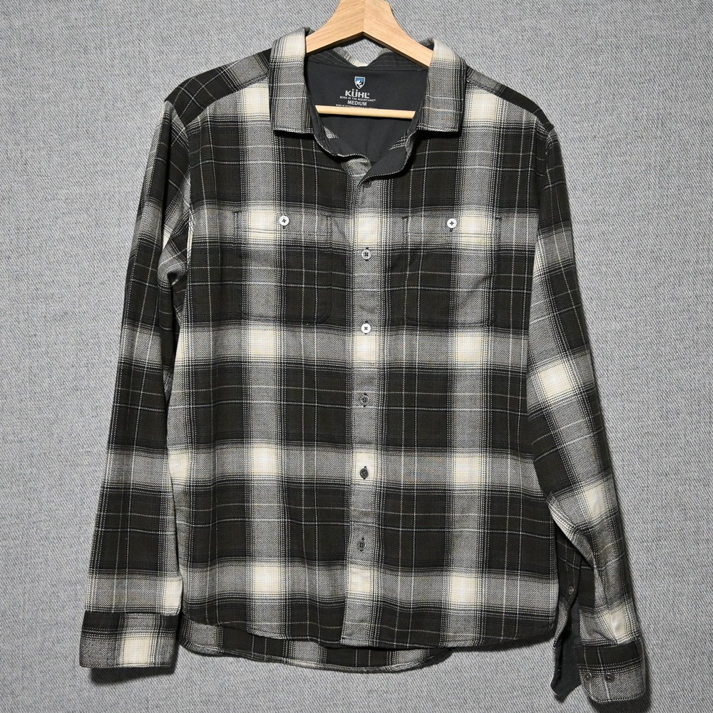 KUHL Plaid Button Down Shirt Mens Long Sleeve Pockets Medium Black Cream